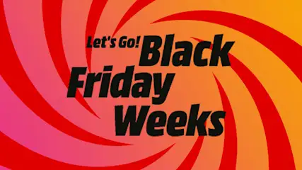 Image promotionnelle avec une spirale rouge avec texte noir "Let's Go! Black Friday Weeks" sur un fond dégradé rose à orange.