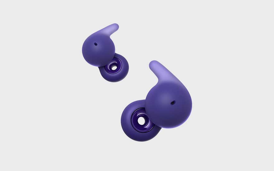 A pair of purple wireless earbuds with curved wings is shown on a light background, designed for a secure and comfortable fit.