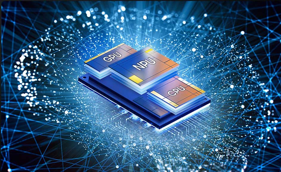 Een blauw circuitbord met GPU, NPU en CPU labels tegen een achtergrond van blauwe lijnen en punten.