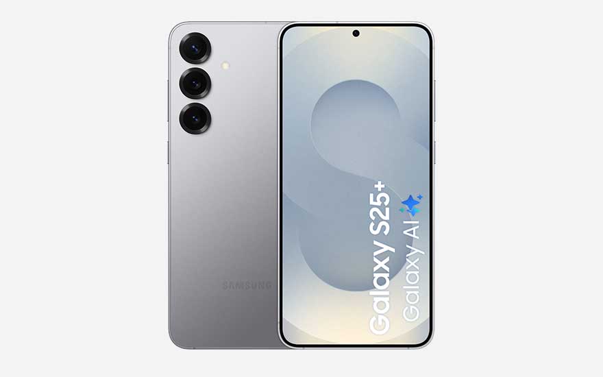 Silver-grey Samsung Galaxy S25+ with triple camera and subtle gradient display, presented on light background.