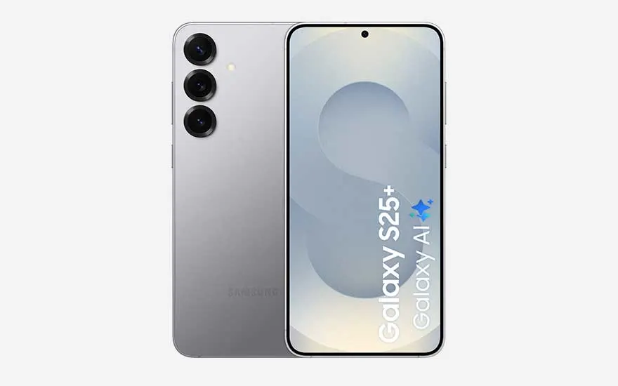 Samsung Galaxy S25+ gris argenté avec triple caméra et écran aux dégradés subtils, présenté sur fond clair.