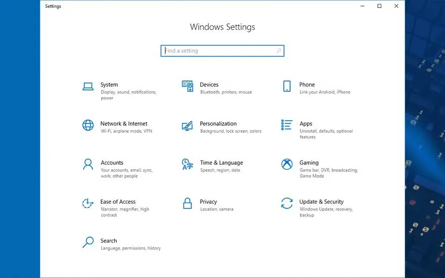 Het blauw-witte scherm "Windows Instellingen" toont opties zoals Systeem, Apparaten, Telefoon, Netwerk, Persoonlijke instellingen en Apps.