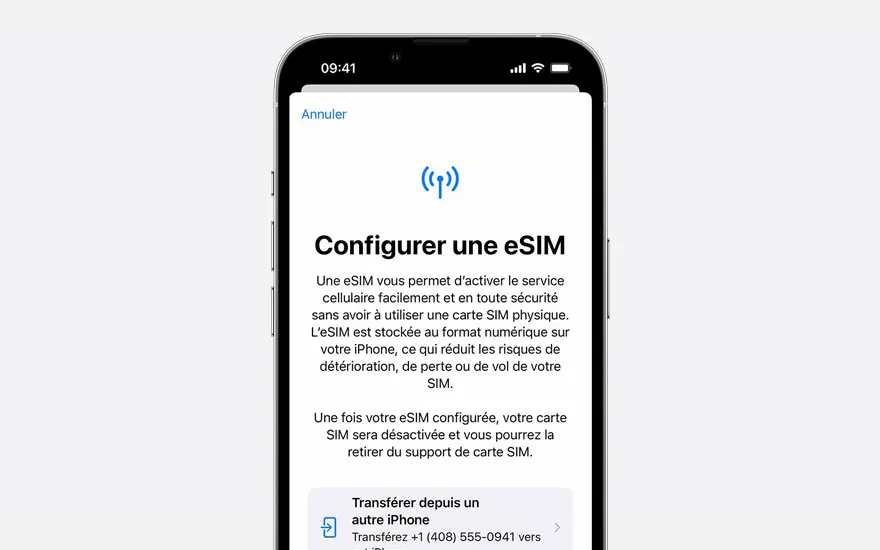 Capture d'écran d'un iPhone affichant les paramètres eSIM. L'écran blanc affiche "Configurer une eSIM" en texte noir.