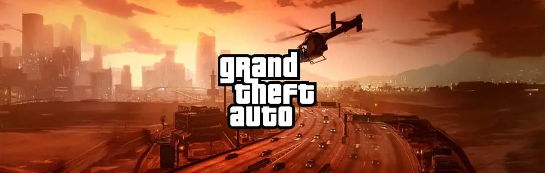 Zonsondergang boven snelwegen en wolkenkrabbers, druk verkeer terwijl een helikopter boven de oranje gloed zweeft.