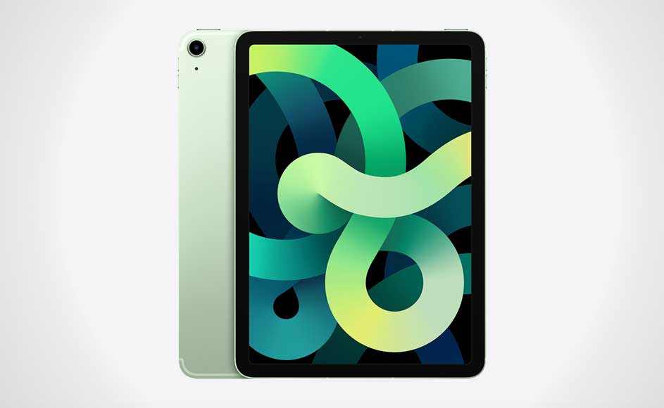 Een lichtgroene iPad met een scherm met groene en blauwe vormen op een witte achtergrond.