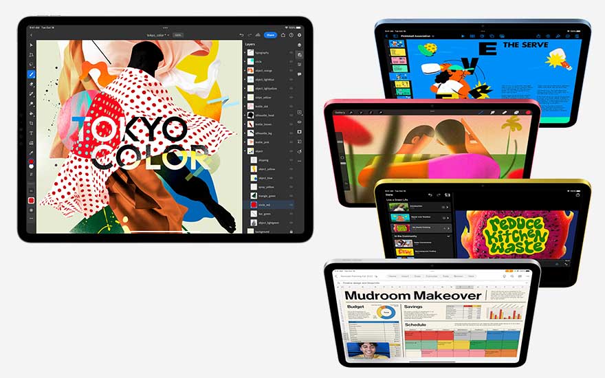 Plusieurs tablettes affichent divers écrans, notamment des outils de conception, des illustrations et des interfaces utilisateur.
