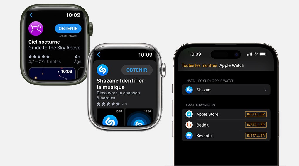 Trois écrans montrent l'Apple Watch App Store avec des applications comme Shazam et Ciel Nocturne. Les écrans affichent les détails de l'application.