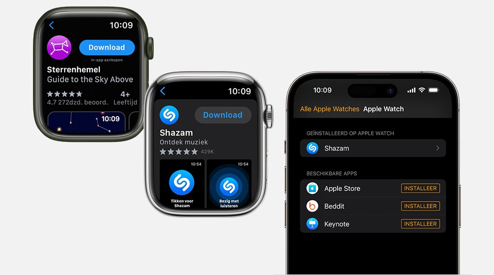 Drie schermen van Apple apparaten tonen app downloads. Apps zijn Shazam en Sterrenhemel, met blauwe download knoppen.