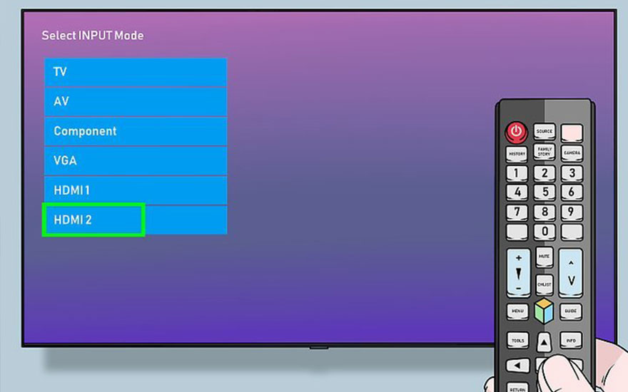 Een tv-scherm toont een menu voor de invoermodus, met 'HDMI 2' geselecteerd. Een afstandsbediening staat rechts van het scherm.