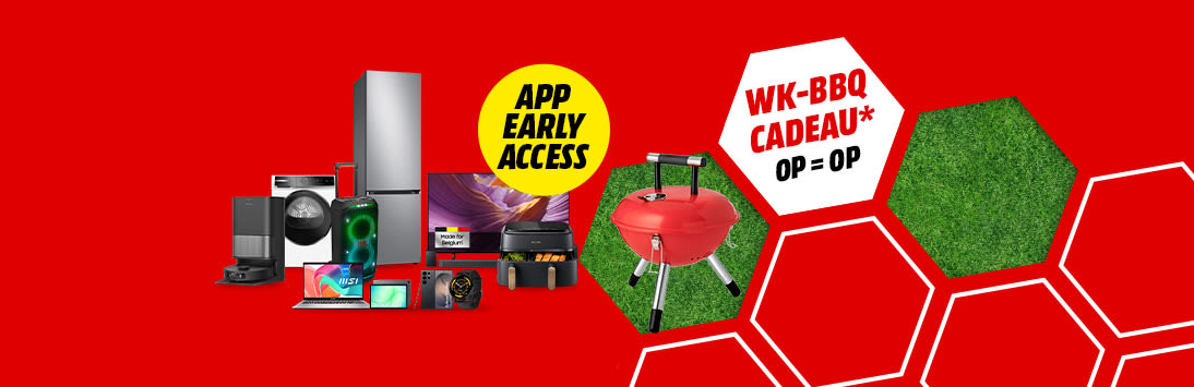 Rode promotieafbeelding met Samsung-toestellen, gele badge "App early access" en WK-barbecuecadeau zolang de voorraad strekt.