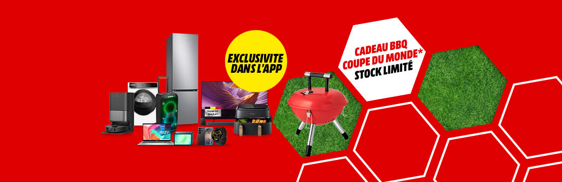 Image promotionnelle rouge avec produits Samsung, badge jaune « App early access » et cadeau barbecue Coupe du Monde jusqu’à épuisement des stocks.