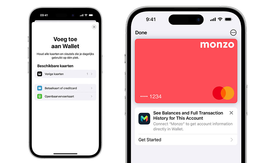 Twee iPhones tonen schermen voor het toevoegen van kaarten aan een digitale wallet en een Monzo-kaart.