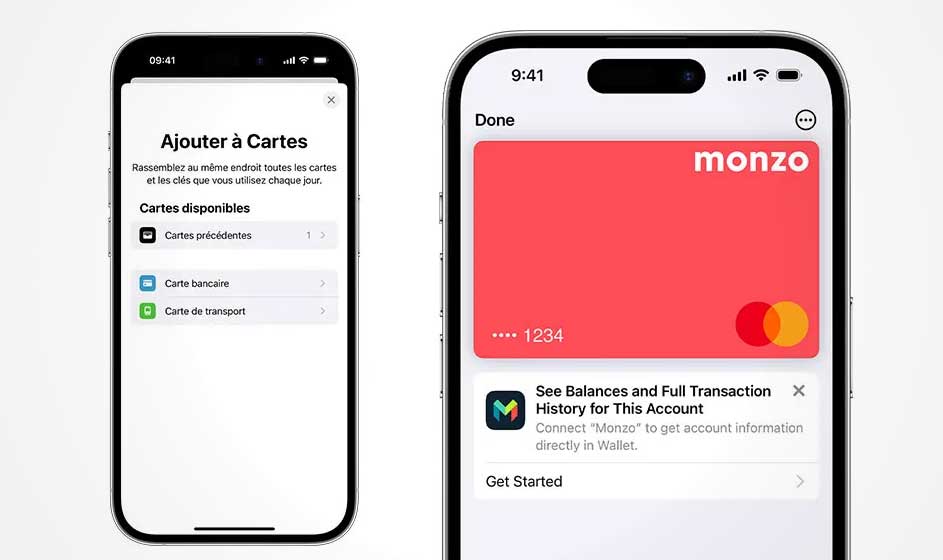 Deux iPhones affichent l'application Wallet. L'un propose d'ajouter des cartes, l'autre montre une carte Monzo rouge.
