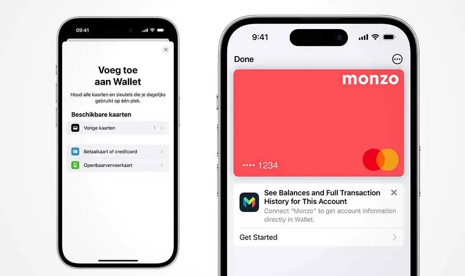Twee iPhones tonen schermen voor het toevoegen van kaarten aan een digitale wallet en een Monzo-kaart.