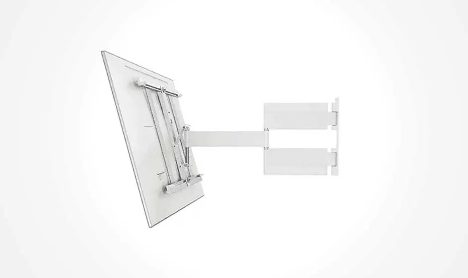 A white TV wall mount is shown. It has a bracket for the TV and a wall plate connected by an arm.