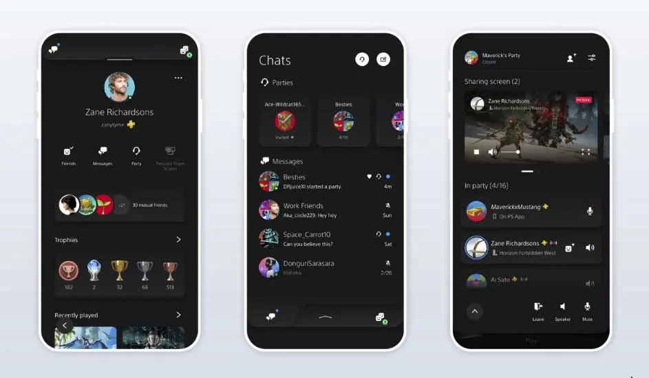 Trois écrans de smartphone affichent une application avec des menus pour les paramètres de profil, les conversations et le partage d'écran.