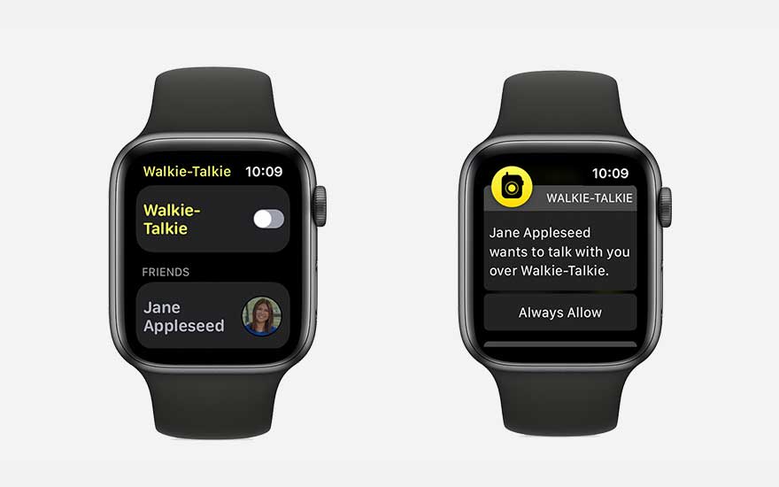 Deux montres intelligentes noires affichent l'application Talkie-Walkie à 10:09. L'une montre les amis et l'autre une demande.