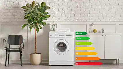 Witte wasmachine met energielabels naast een wastafel en kast. Links een plant en zwarte stoel tegen een bakstenen muur.