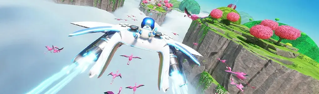Un vaisseau spatial blanc futuriste vole à travers un monde coloré avec des oiseaux roses, îles vertes et fleurs tropicales dans le ciel.