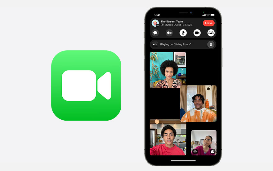 Icône verte de l'application FaceTime et aperçu d'un appel vidéo sur un smartphone.
