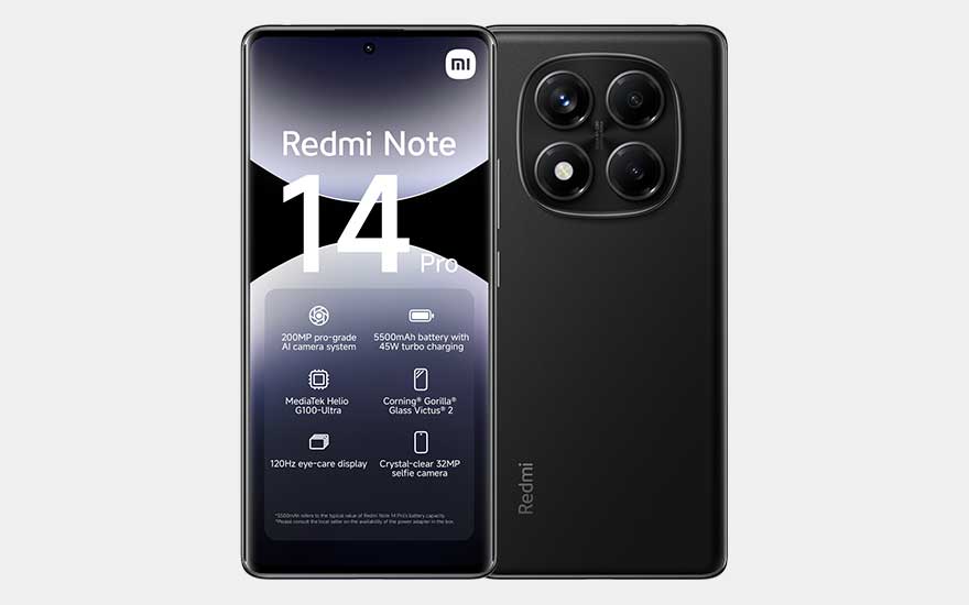 Een moderne Redmi Note 14 Pro smartphone met matzwart design, groot scherm, vier krachtige camera’s en technische details op het display.