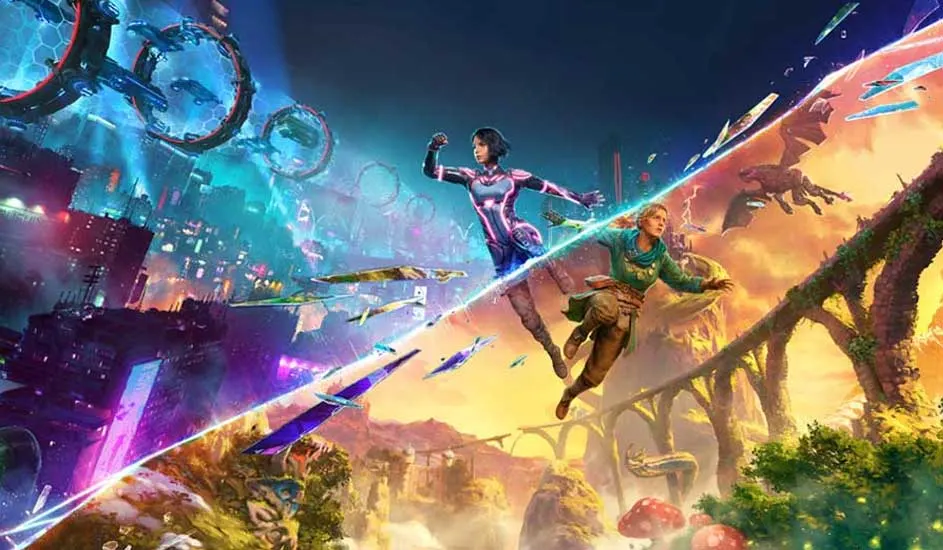 Een verdeelde scène toont een futuristische stad met vliegende voertuigen en een natuurlijke omgeving met een vliegend beest.