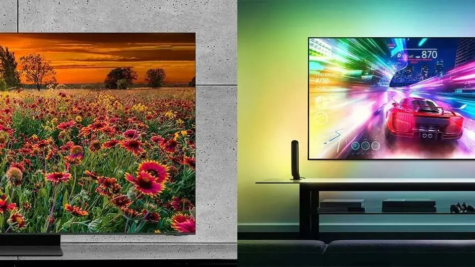 Links toont een televisie een veld met rode bloemen bij zonsondergang. Rechts toont een Philips-tv een racegame met kleurrijke lichteffecten.