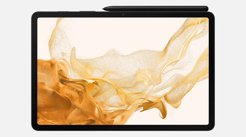 Tablette noire avec un stylet noir sur le dessus, écran affichant des motifs abstraits dorés sur fond clair.