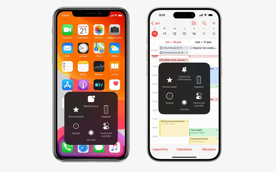Deux écrans d'iPhone affichent des menus contextuels. L'un montre un écran d'accueil, l'autre un calendrier. Les couleurs sont vives et l'interface est claire.