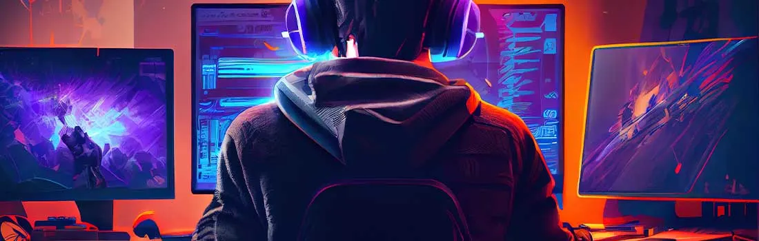 Un casque audio devant trois écrans affichant des graphiques bleus et violets. Le fond est éclairé en orange.