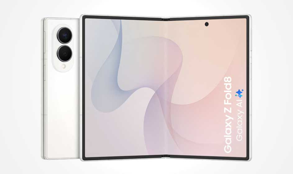 Een witte opvouwbare smartphone staat open in een brede tabletvorm. Achteraan zijn twee camera’s zichtbaar en het scherm toont Galaxy Z Fold8.