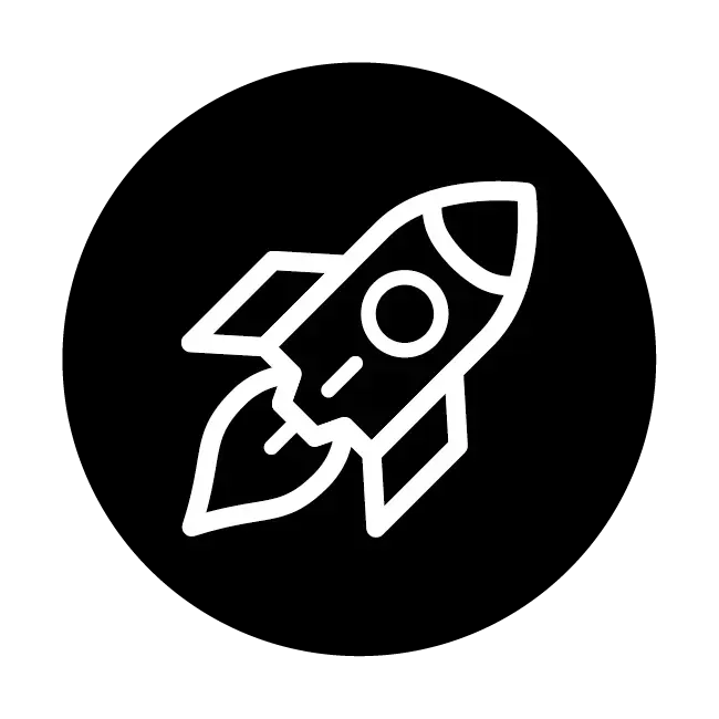 Black circular icon with white rocket symbol.