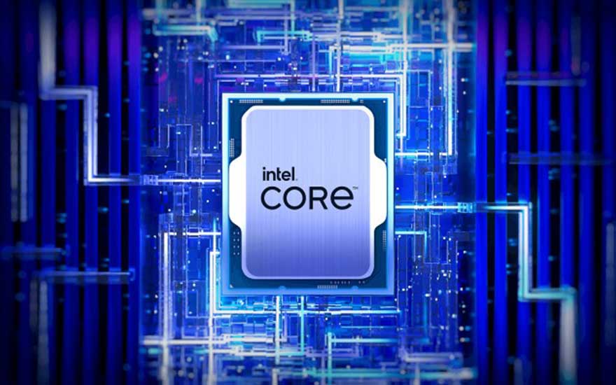 Logo Intel Core sur fond bleu orné de motifs de circuits.