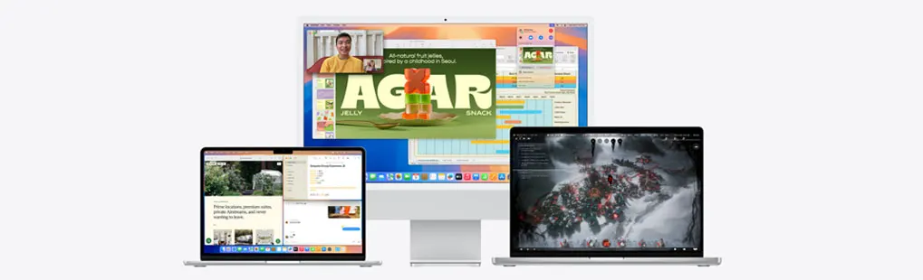 Apple iMac en twee MacBooks tonen verschillende apps en games op hun schermen; het Apple-logo is op alle toestellen zichtbaar.