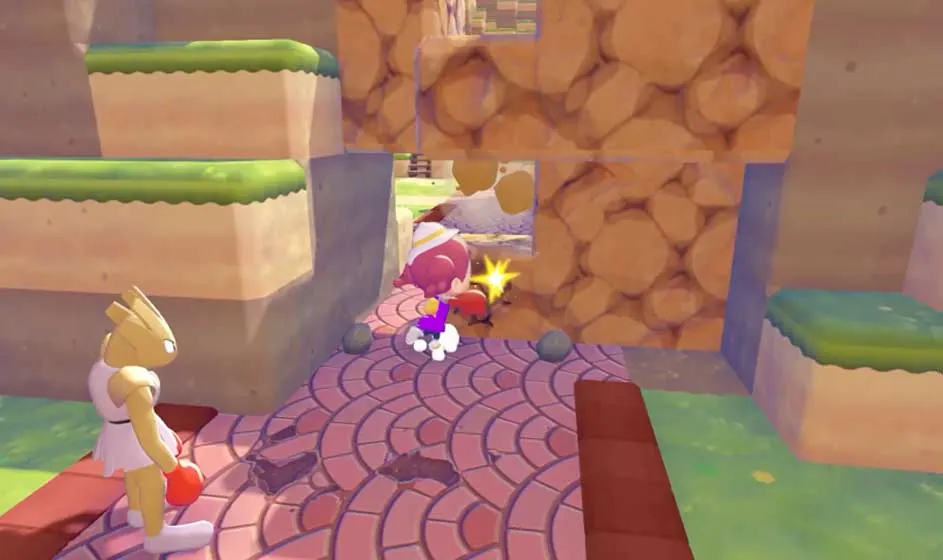 A colorful game scene: a pink-clad character squeezes through a stone gap on a tiled pathway while another figure stands watching nearby.