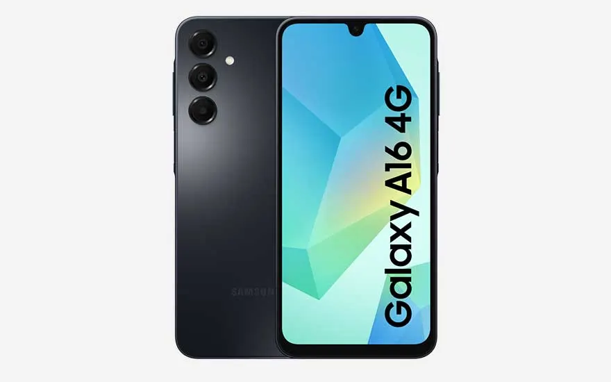 Black Samsung Galaxy A16 4G smartphone featuring triple camera and colourful blue-green display on white background.