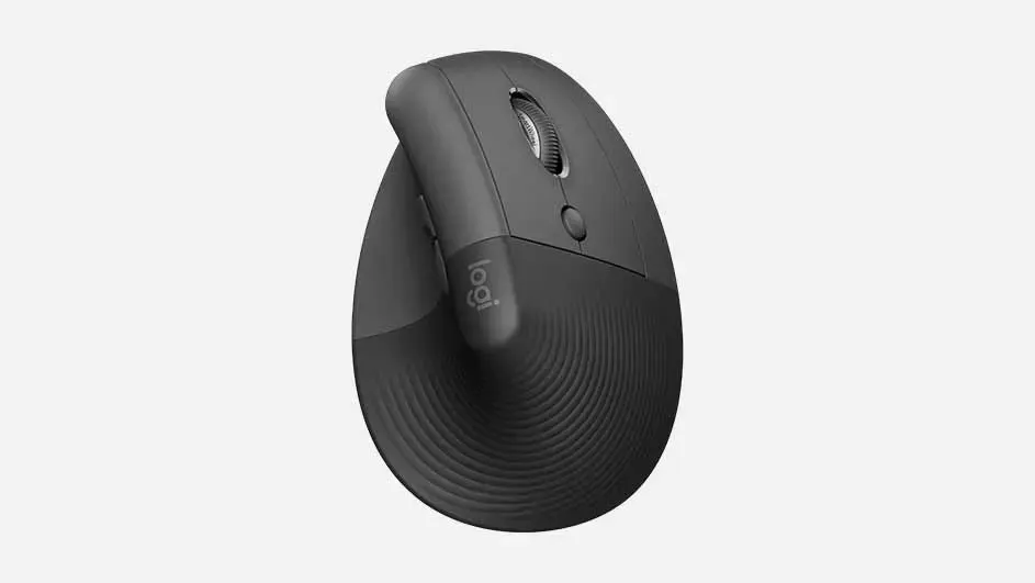 A dark grey ergonomic Logitech mouse with vertical design and ribbed base for improved grip and comfortable usage.