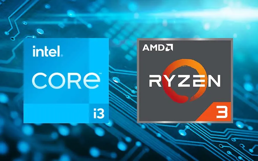 Logos Intel Core i3 (bleu) et AMD Ryzen 3 (gris) sur fond de circuit imprimé bleu clair.