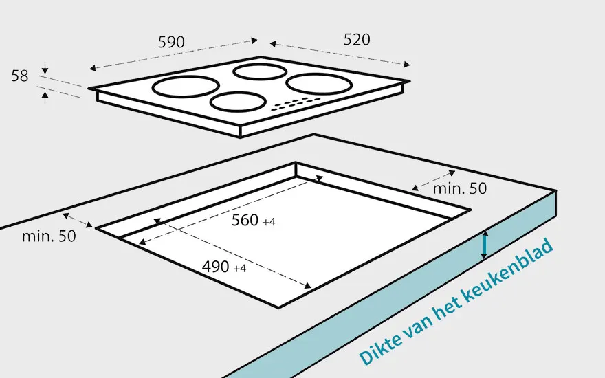 Afbeelding toont een schematische weergave van een kookplaat boven een uitsparing in een aanrechtblad, met afmetingen in mm.