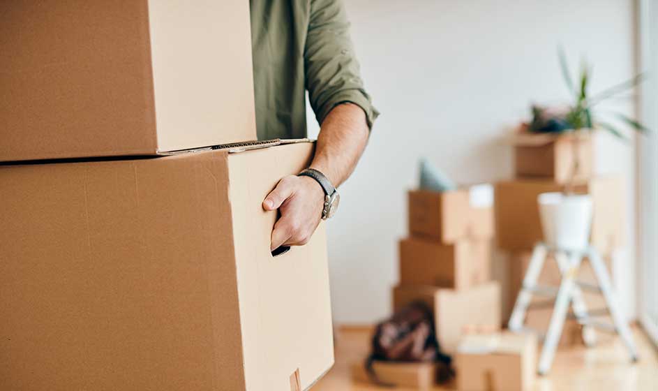 Une personne porte un grand carton dans une pièce lumineuse. Plusieurs cartons, une plante en pot et une petite échelle apparaissent à l’arrière-plan.