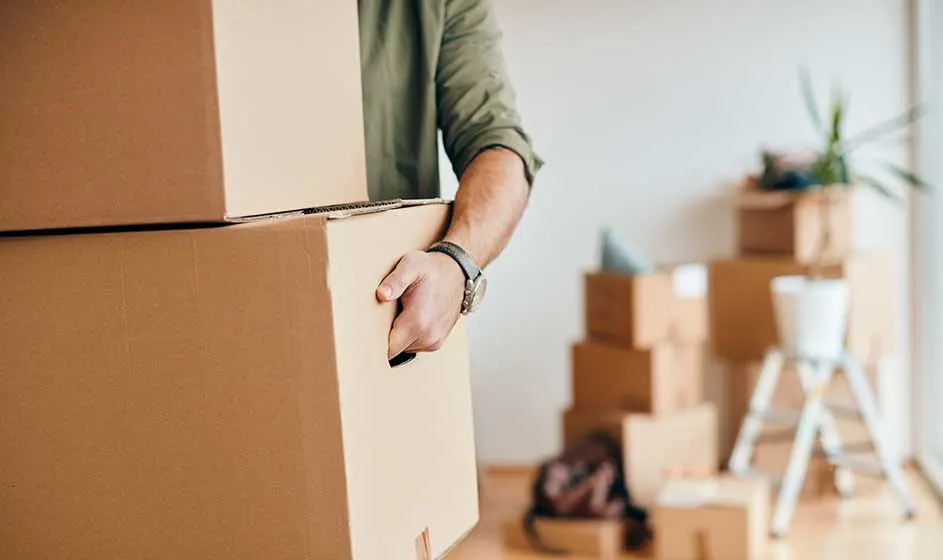 Une personne porte un grand carton dans une pièce lumineuse. Plusieurs cartons, une plante en pot et une petite échelle apparaissent à l’arrière-plan.