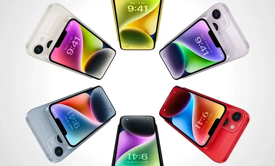 A ring of colorful smartphones, each screen glowing with gradients, all arranged around a bright center on a white background.