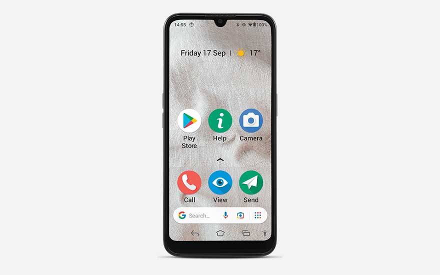 Smartphone Doro 8100  avec fond de plage de sable, grandes icônes d'apps et interface senior-friendly 