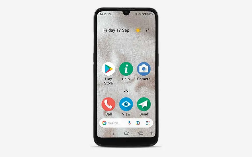 Smartphone Doro8100 featuring sandy beach background, large app icons and senior-friendly interface