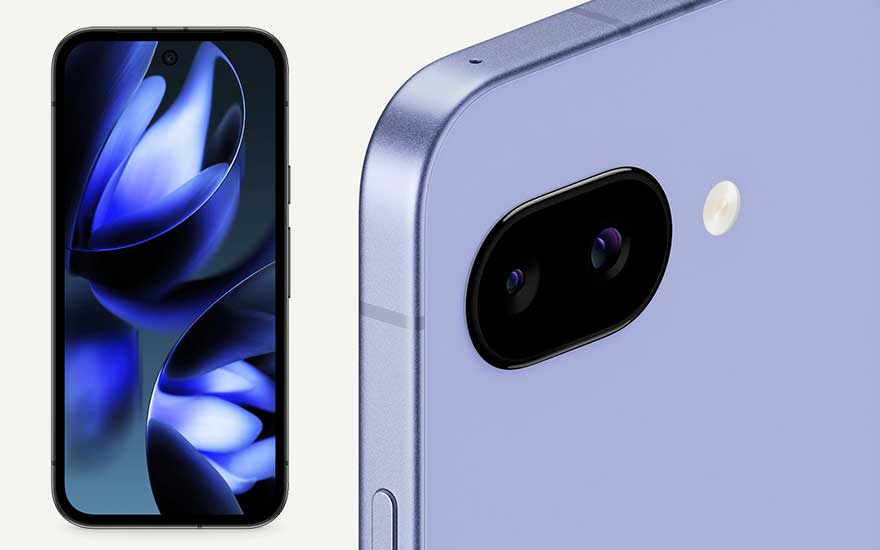 Een moderne smartphone in het paars, getoond met zijn scherm en achterkant met dubbele camera en flitser, op een lichte achtergrond. 