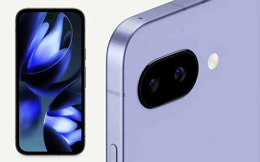 A modern purple smartphone shown from the front and the back, with dual camera and flash, set on a light background.