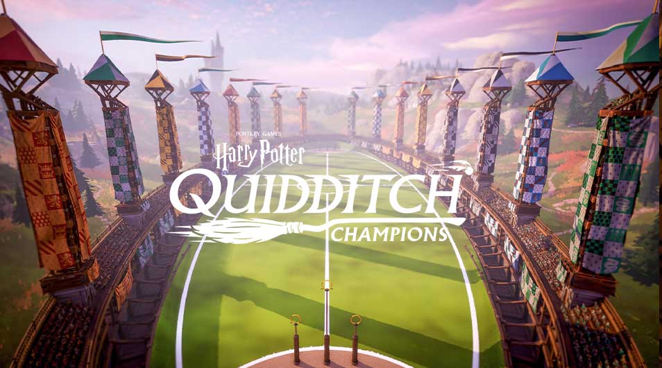 Terrain de Quidditch : poteaux, drapeaux, gradins, gazon vert. Titre "Harry Potter Quidditch Champions".