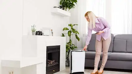 Woonkamer met witte muren, grijze bank, witte open haard, planten en een witte luchtreiniger.