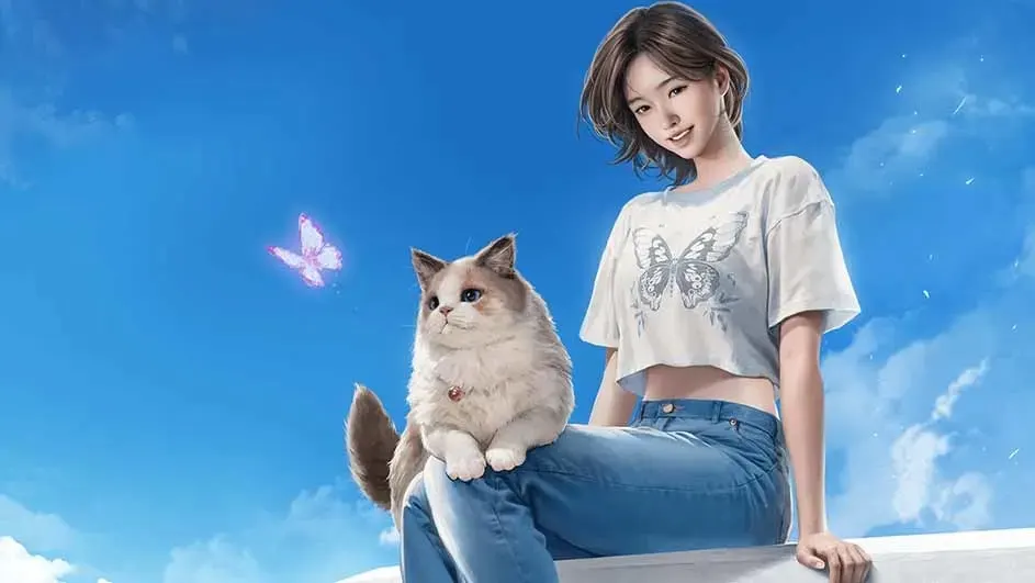 Een kat met een witte en bruine vacht zit op een blauwe jeans tegen een blauwe lucht met een vlinder.