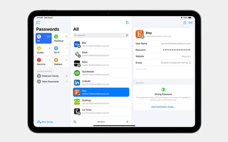 Password manager application showing secure list of login credentials. Various services organised with strong password strength indicators.
